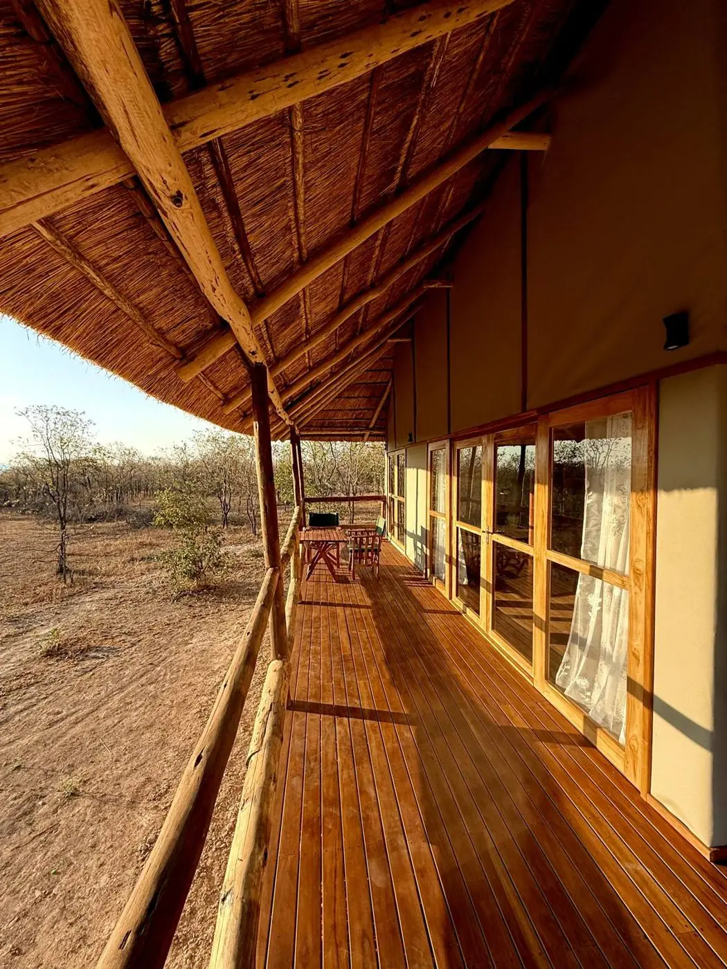 Mountain View Cabin deck at Camp Lilac in golden evening light, looking over the Mikumi bush